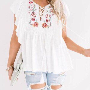 White Floral Embroidered Lace-Up Ruffle Top – NWT – Size XL – Last One!